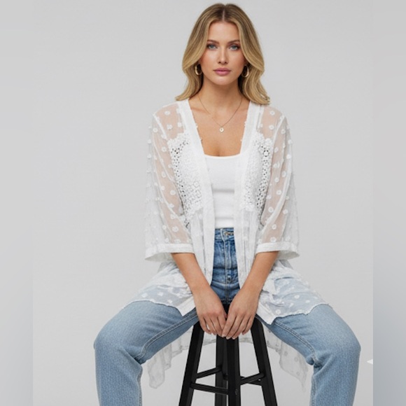 White Swiss Dot Open Front Asymmetrical Hem Shirt - Picture 2 of 12